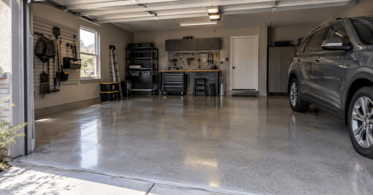 Garage Flooring, Modern two-car American garage with a professionally finished gray garage floor, SUV, organized storage, and workbench