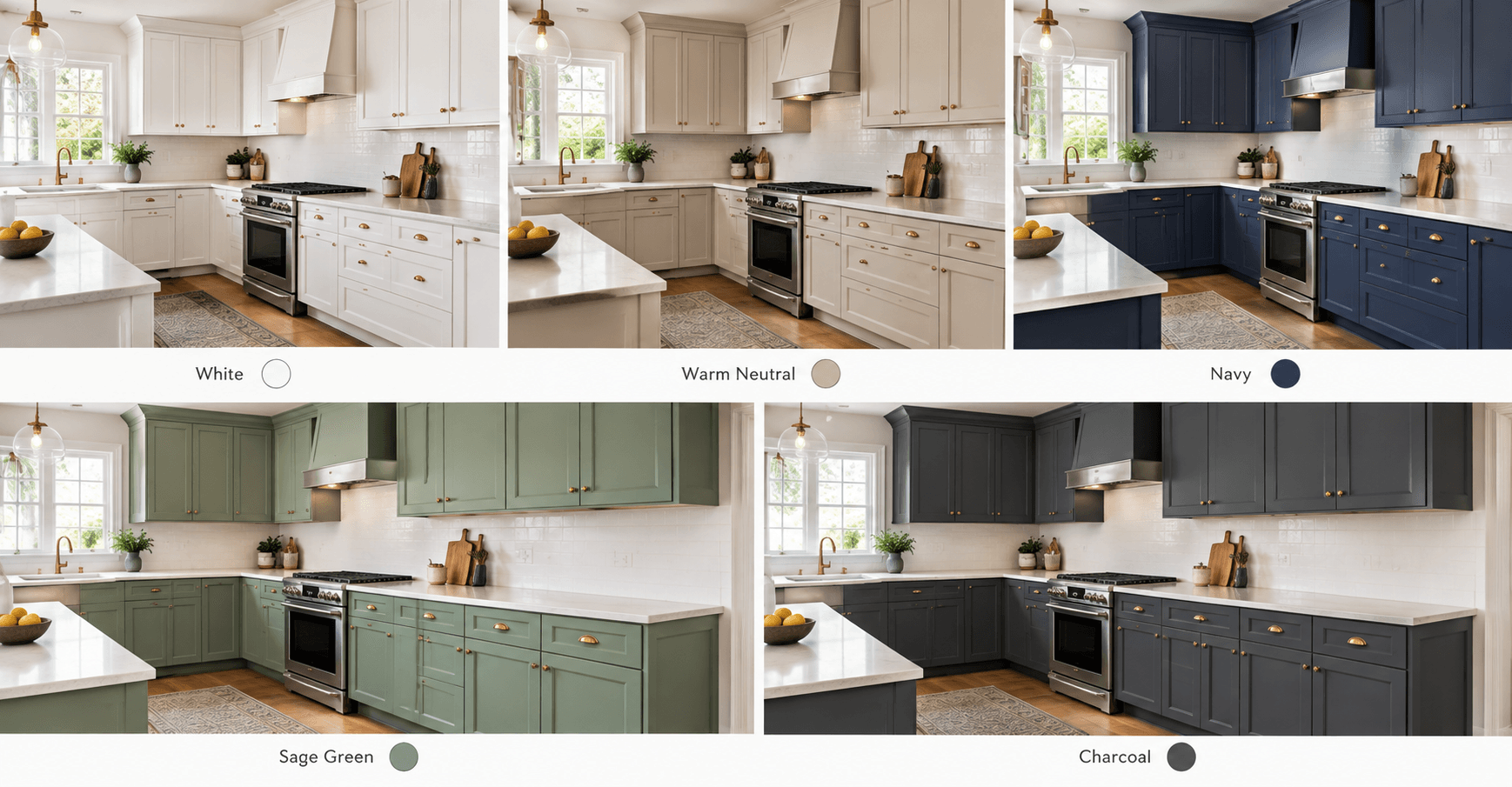 Painted kitchen cupboards in white, warm neutral, navy, sage green, and charcoal finishes