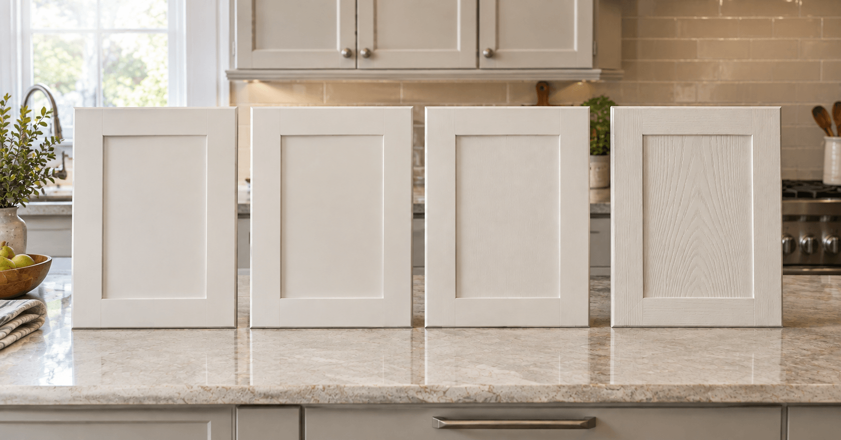 Painted wooden cupboard doors showing smooth fine-grained surfaces and visible oak grain