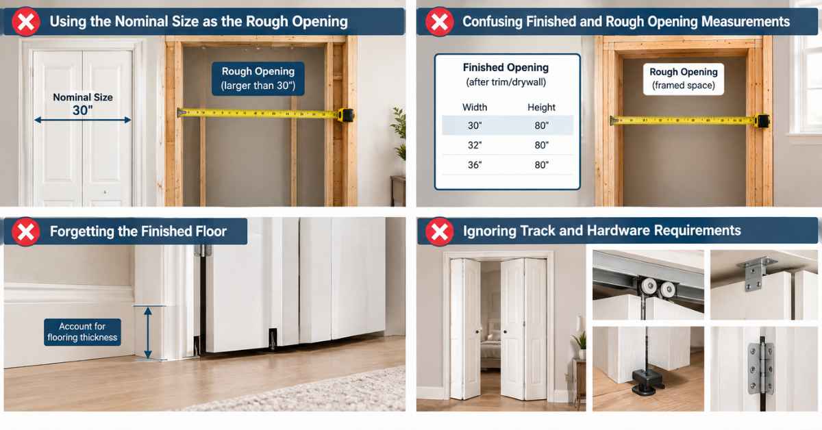 Common Bifold Door Rough Opening Mistakes Rough Opening Bifold Door Size Chart showing common measuring and installation mistakes