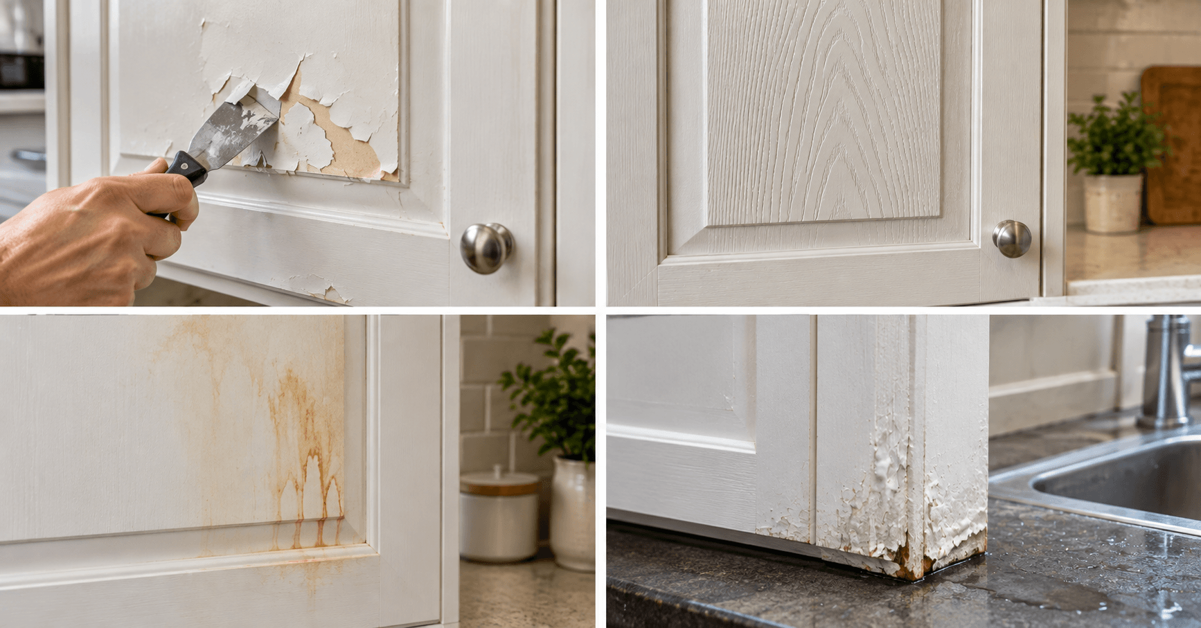 Common painted cupboard problems including peeling paint, visible wood grain, discoloration, and moisture damage