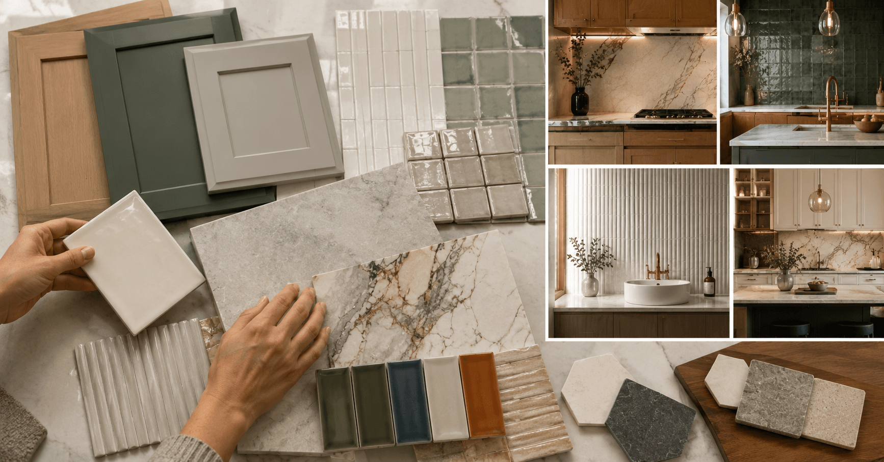 Designer selecting kitchen backsplash tile and countertop samples alongside cabinet color panels to coordinate a modern kitchen design.