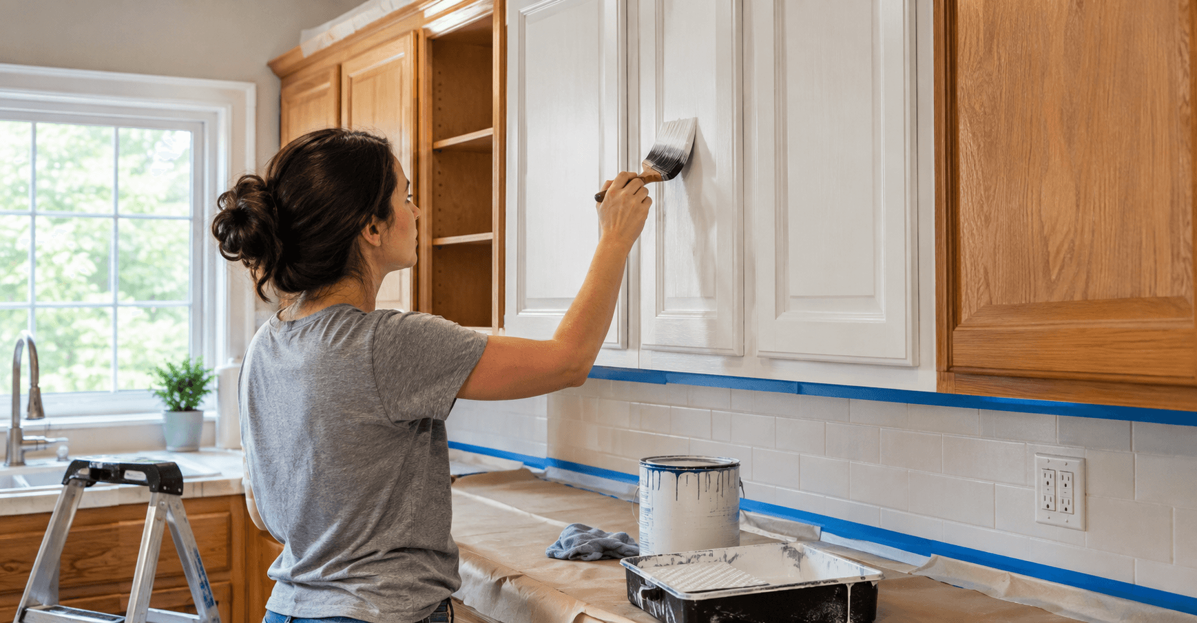 Homeowner painting wooden kitchen cupboards during a cabinet refinishing project