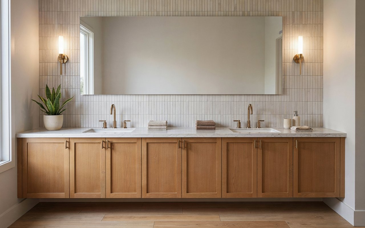 Double bathroom vanity with tile backsplash
