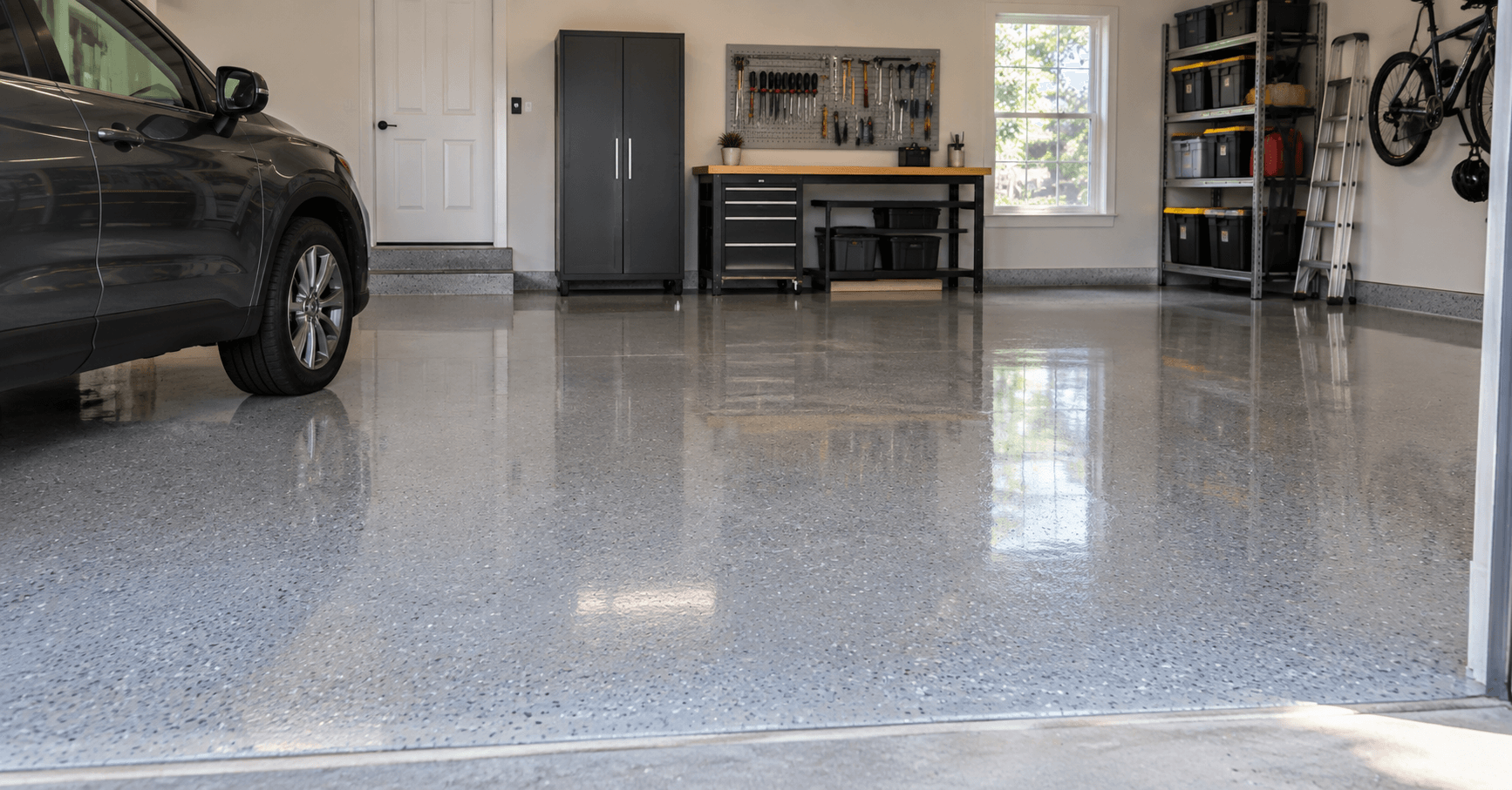 Glossy speckled epoxy garage floor in a modern two-car garage with an SUV and organized workshop storage