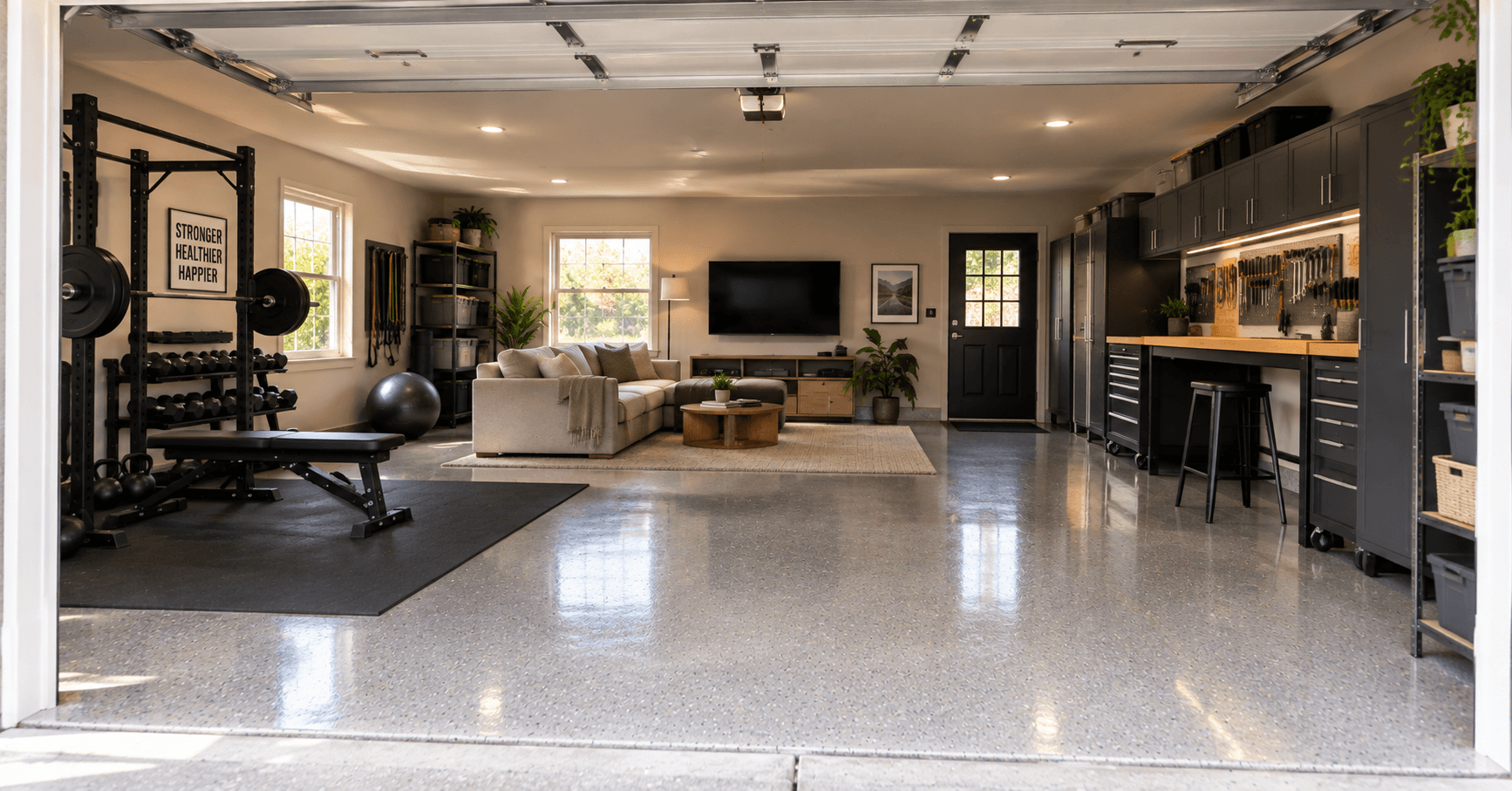 Modern American garage converted into a multifunctional living space with a home gym, lounge area, workshop, and finished floor