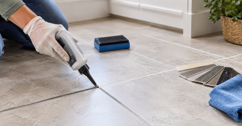Grout color sealing being applied to tiled flooring