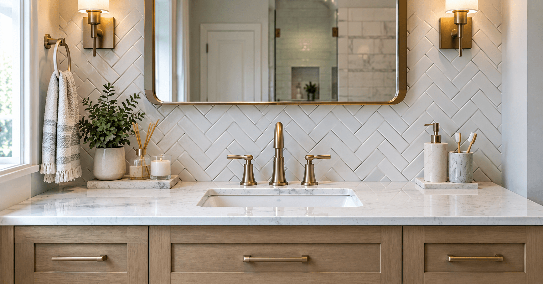 White herringbone tile bathroom vanity backsplash