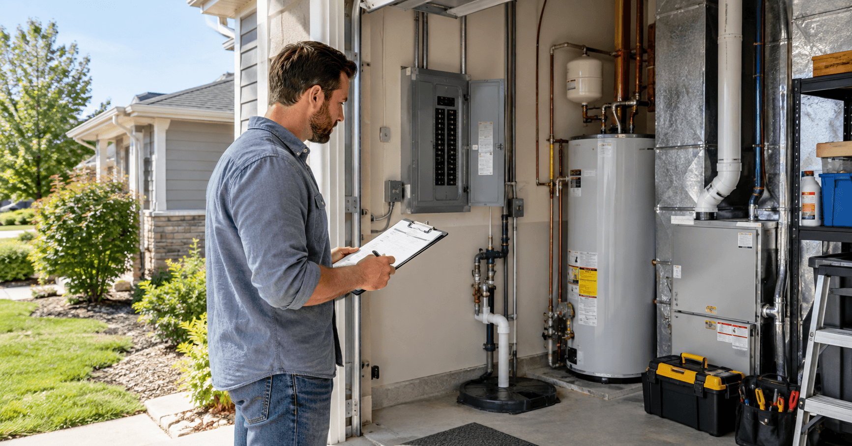 New homeowner reviewing a home maintenance checklist beside essential home systems