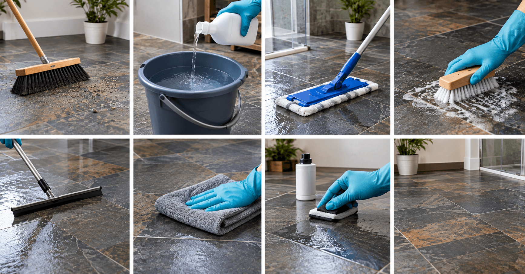 How to Clean Slate Tiles Step by Step Steps for cleaning slate tiles with a broom, mop, soft brush, and microfiber cloth