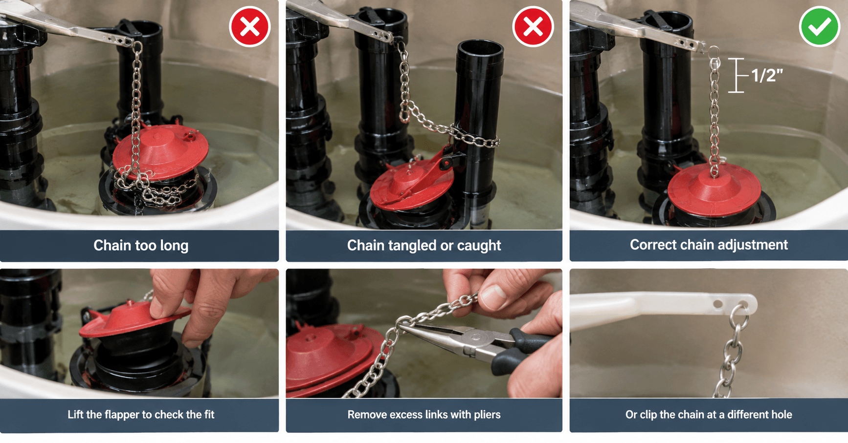 How to fix a running toilet by adjusting a loose or tangled flush chain