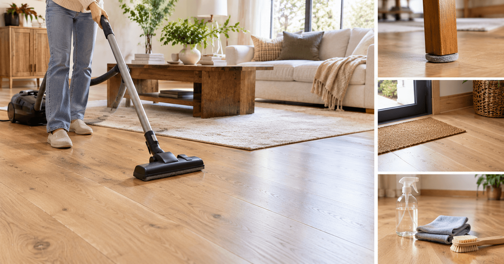 Maintaining white oak floors with regular vacuuming, furniture felt pads, entry rugs, and gentle cleaning tools