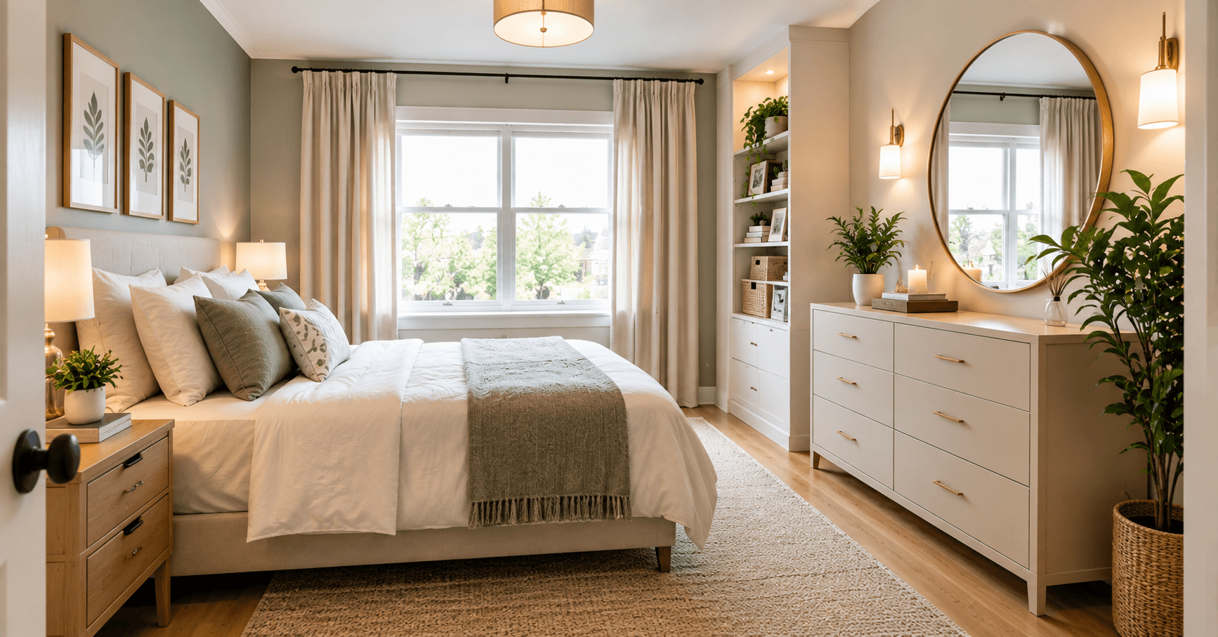 Small bedroom with space-saving furniture, visible floor space, natural light, and a large mirror