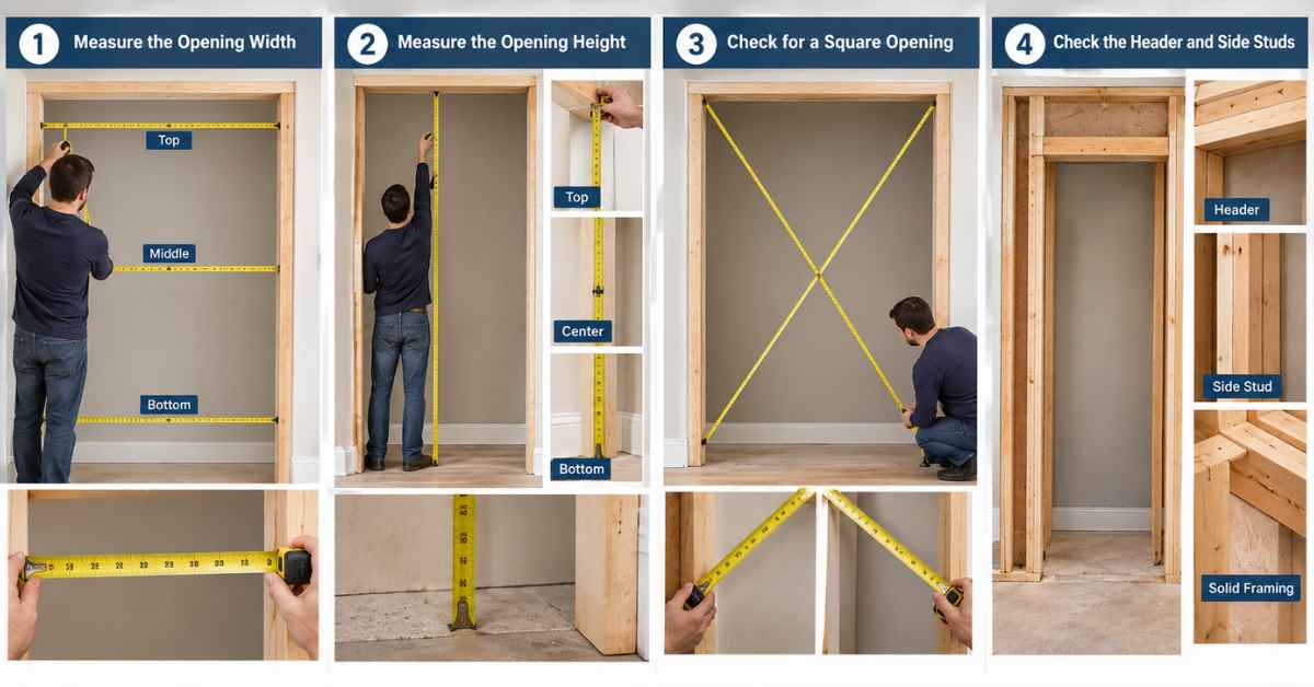 Rough Opening Bifold Door Measurement Guide Measuring a bifold door rough opening for width, height, square alignment, and framing