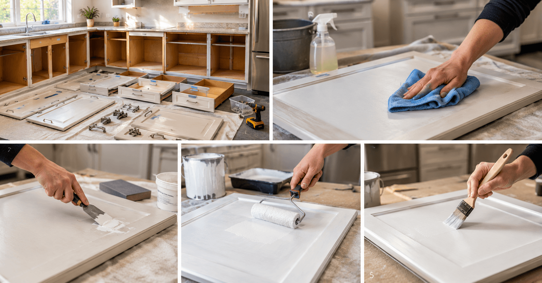 Step-by-step process for painting wooden cupboards, including cleaning, repairing, sanding, priming, and applying paint