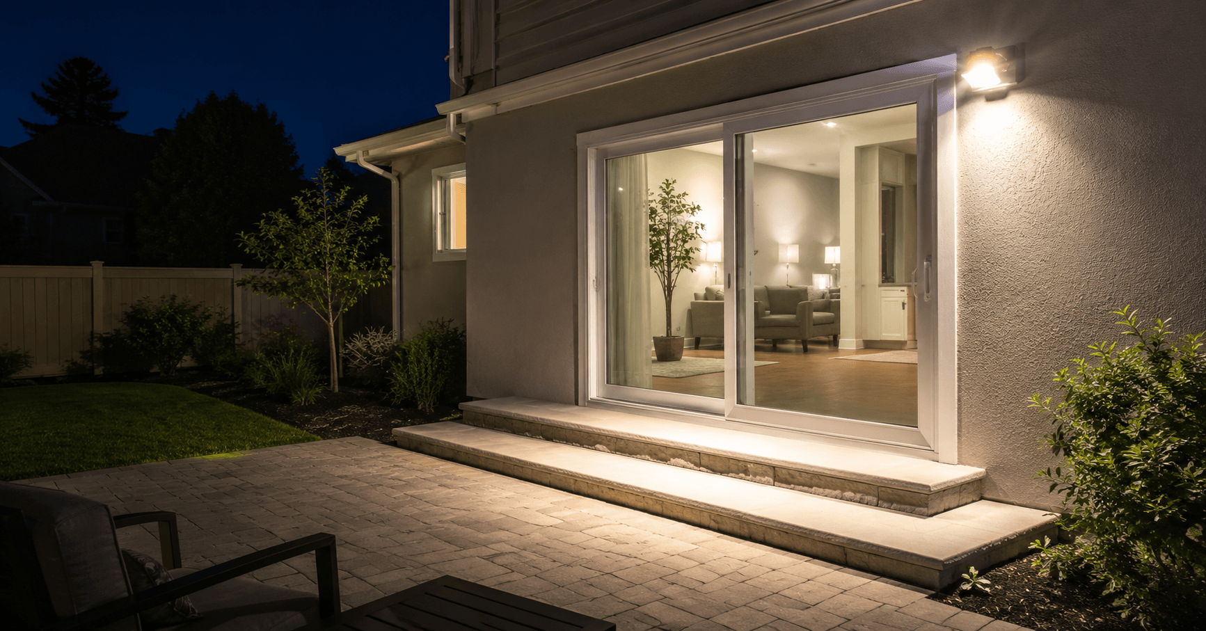 Motion-activated LED floodlight illuminating a sliding glass patio door at night