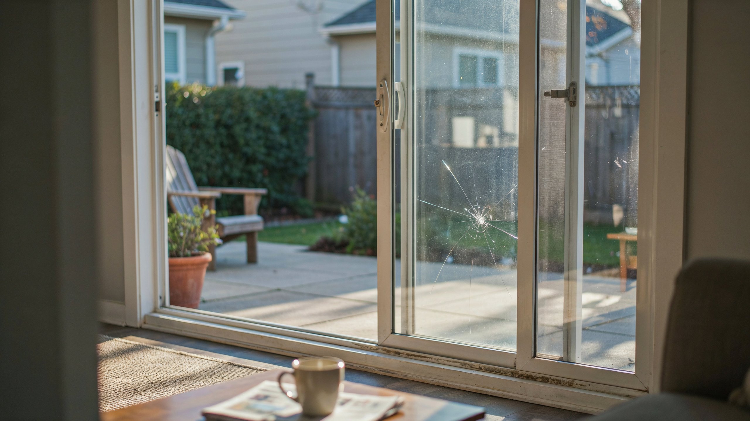 Sliding glass door showing common security vulnerabilities including a weak latch, loose track, lift-out gap, and vulnerable glass