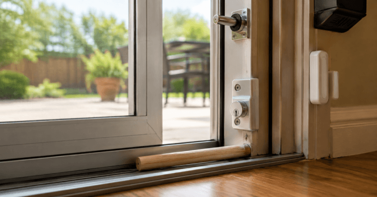 How to secure sliding doors with a track bar, lock, and security sensor