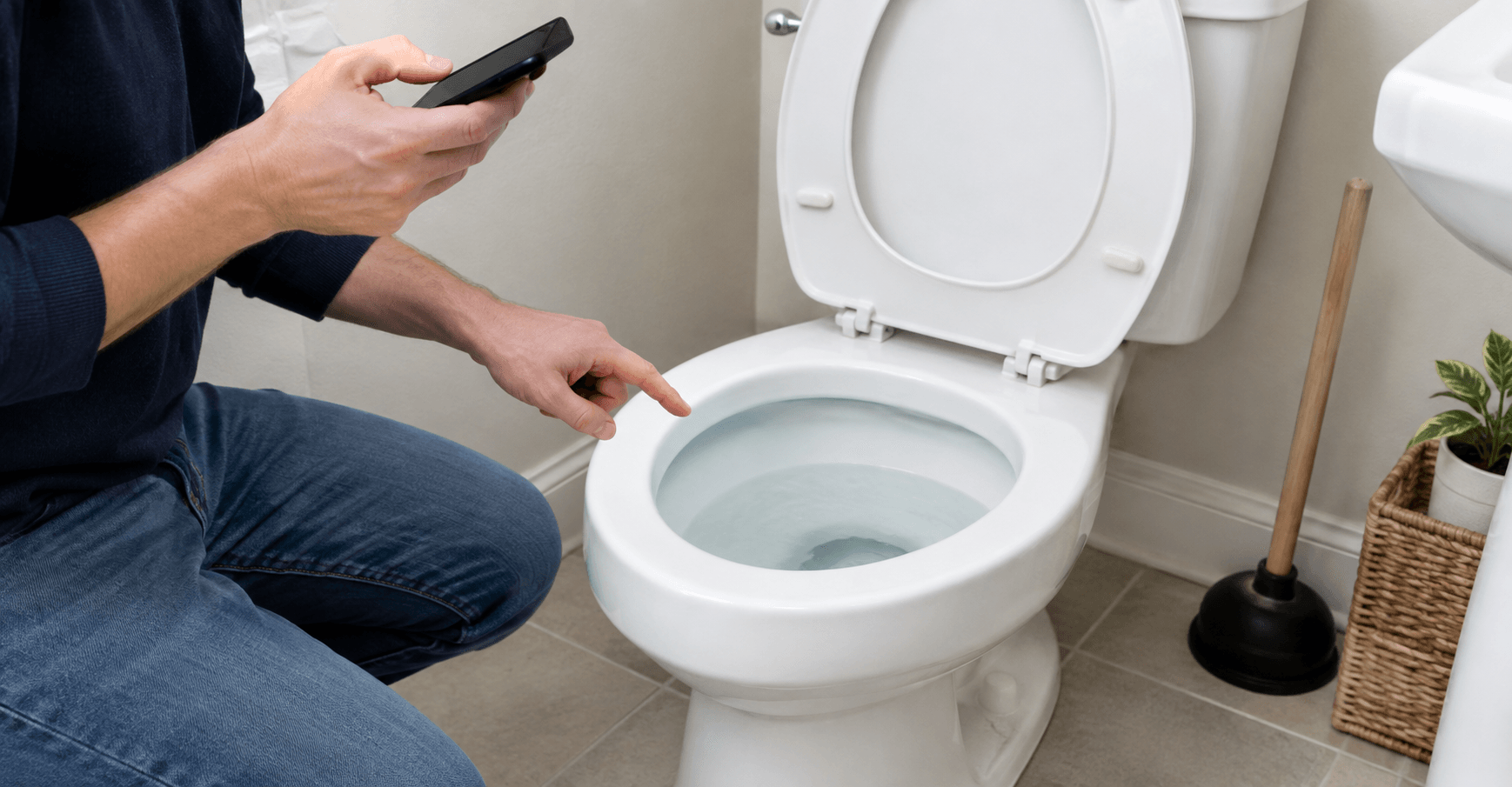 How to Unclog a Toilet: Identify the Clog Person inspecting a partially clogged toilet before choosing a way to unclog it