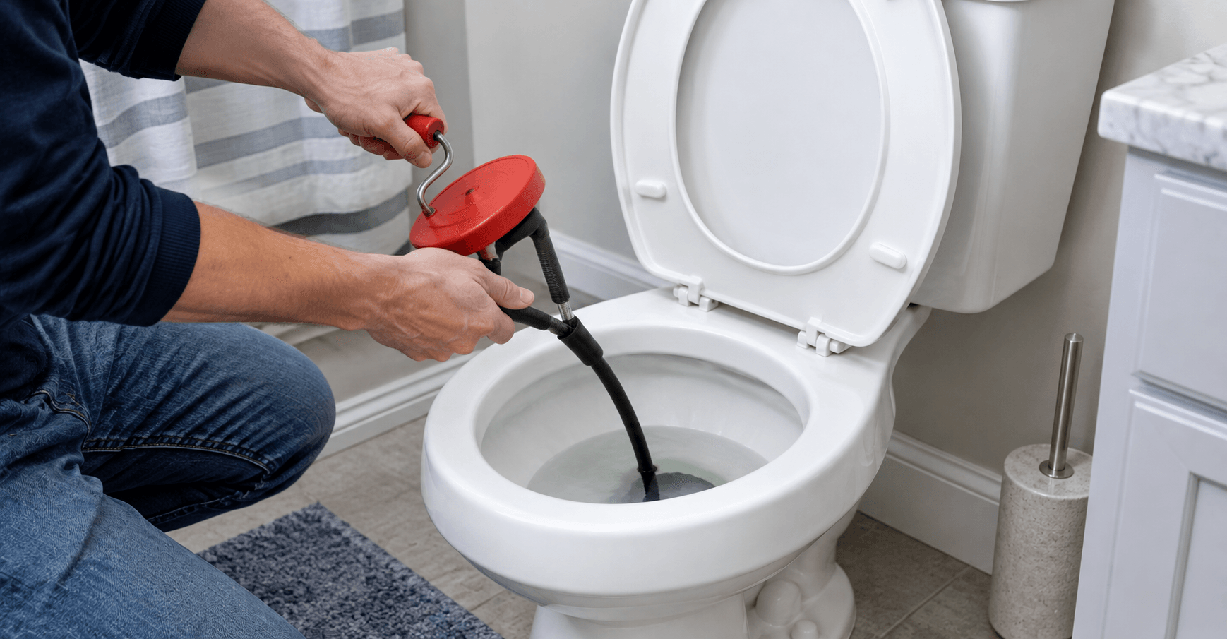 How to Unclog a Toilet with a Toilet Auger Person using a toilet auger to clear a stubborn toilet clog