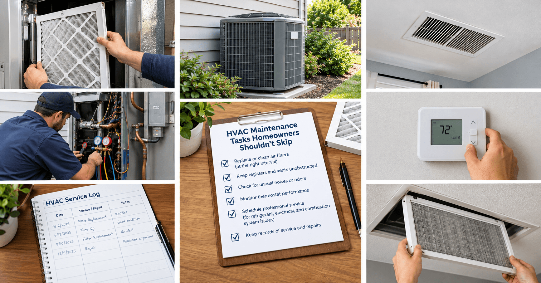 HVAC maintenance tasks for homeowners, including replacing air filters, keeping vents unobstructed, checking thermostat performance, professional HVAC servicing, and maintaining service records.