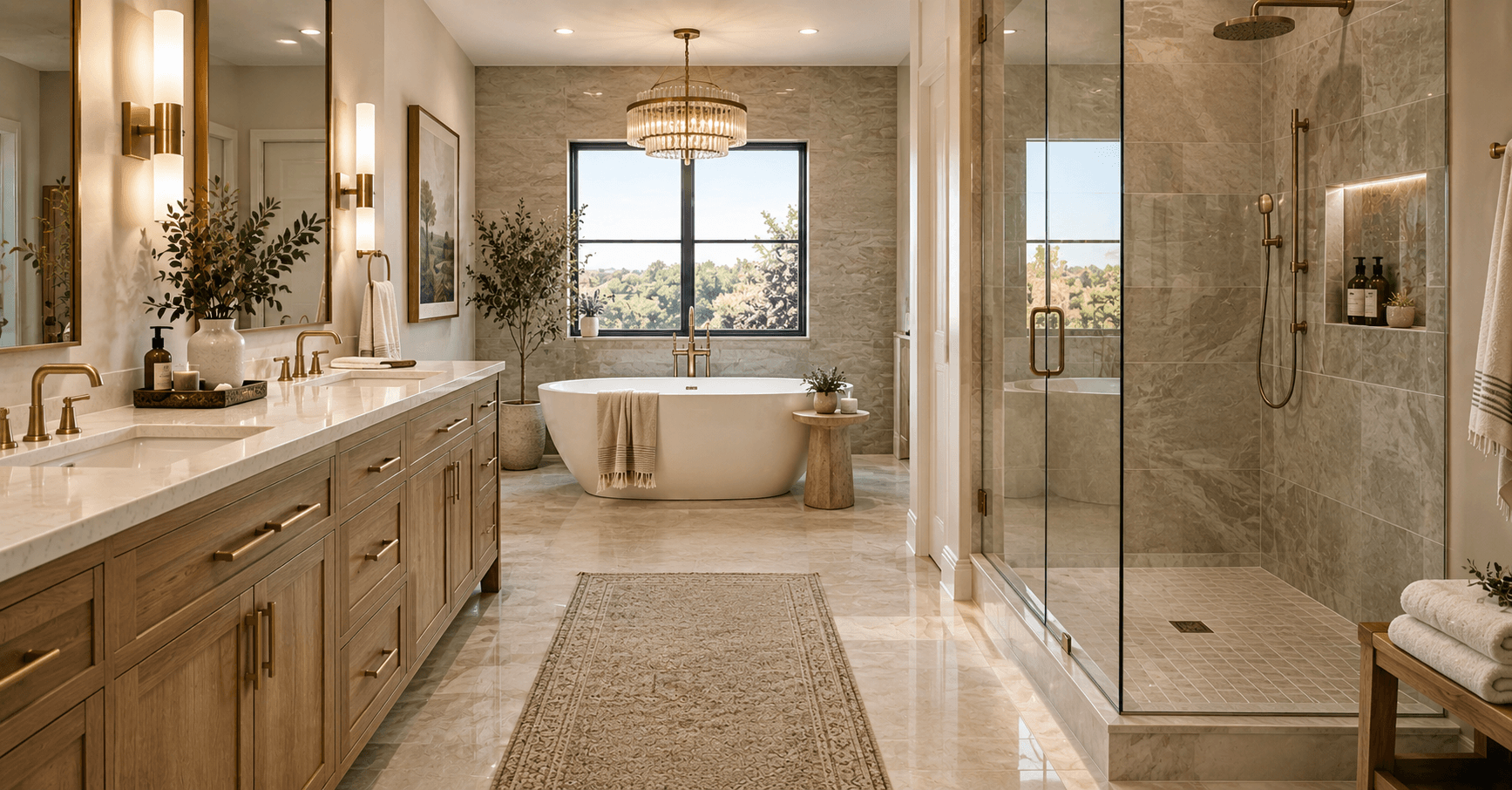 Luxury neutral bathroom with marble, natural wood vanity, freestanding tub, and brass fixtures