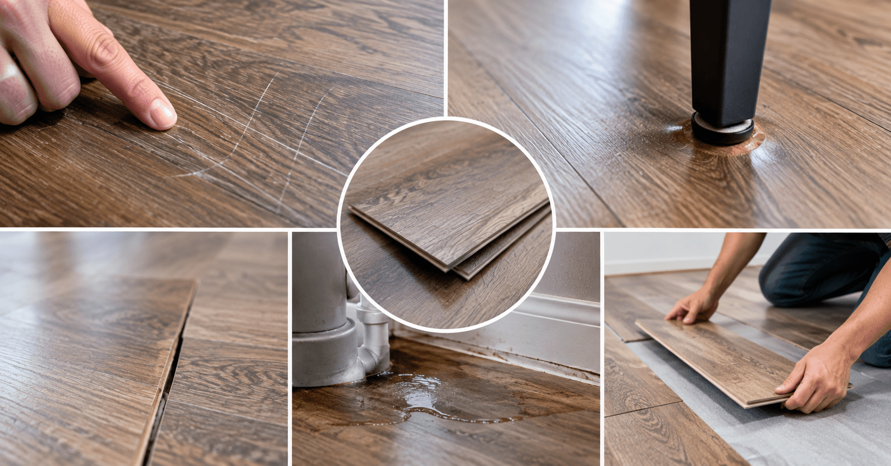 Common LVP flooring problems including scratches, dents, water damage, and installation