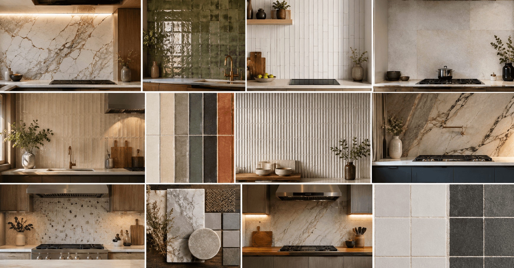 Collage of modern kitchen backsplash ideas featuring full-height marble slabs, zellige tile, vertical subway tile, textured tile, large-format porcelain, natural stone, and warm earthy tones.