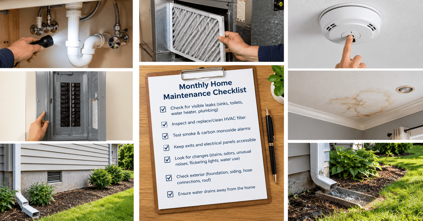 Monthly home maintenance checklist showing HVAC filter inspection, leak checks, smoke alarm testing, electrical panel access, ceiling stains, foundation inspection, and proper water drainage around a home.