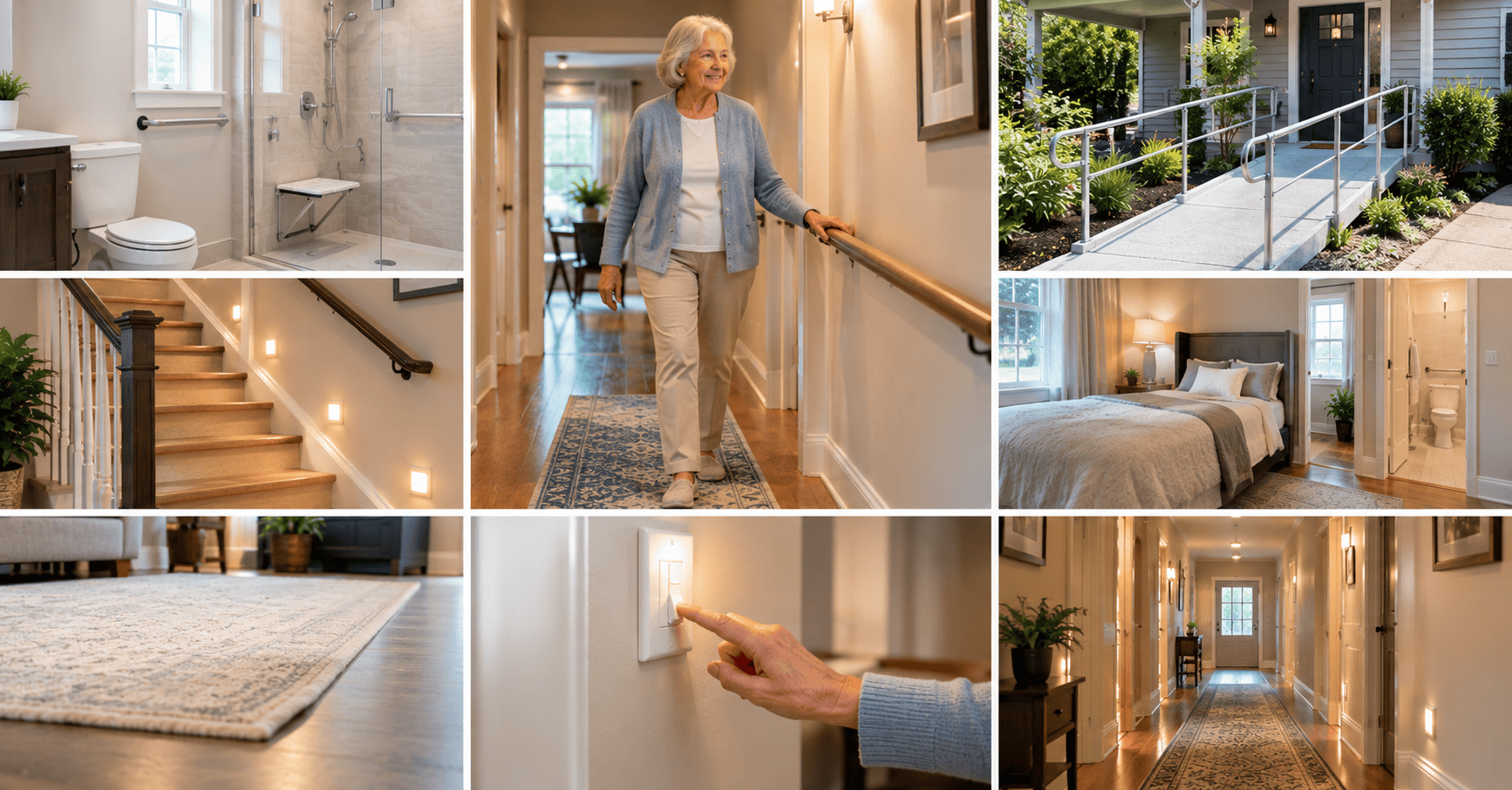 Most Important Aging in Place Home Modifications Aging in place home modifications including bathroom safety, secure handrails, accessible entrances, stair lighting, safer flooring, and clear walking paths.