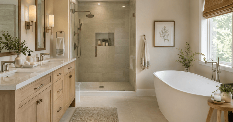 Neutral bathroom with warm beige tile and natural wood vanity
