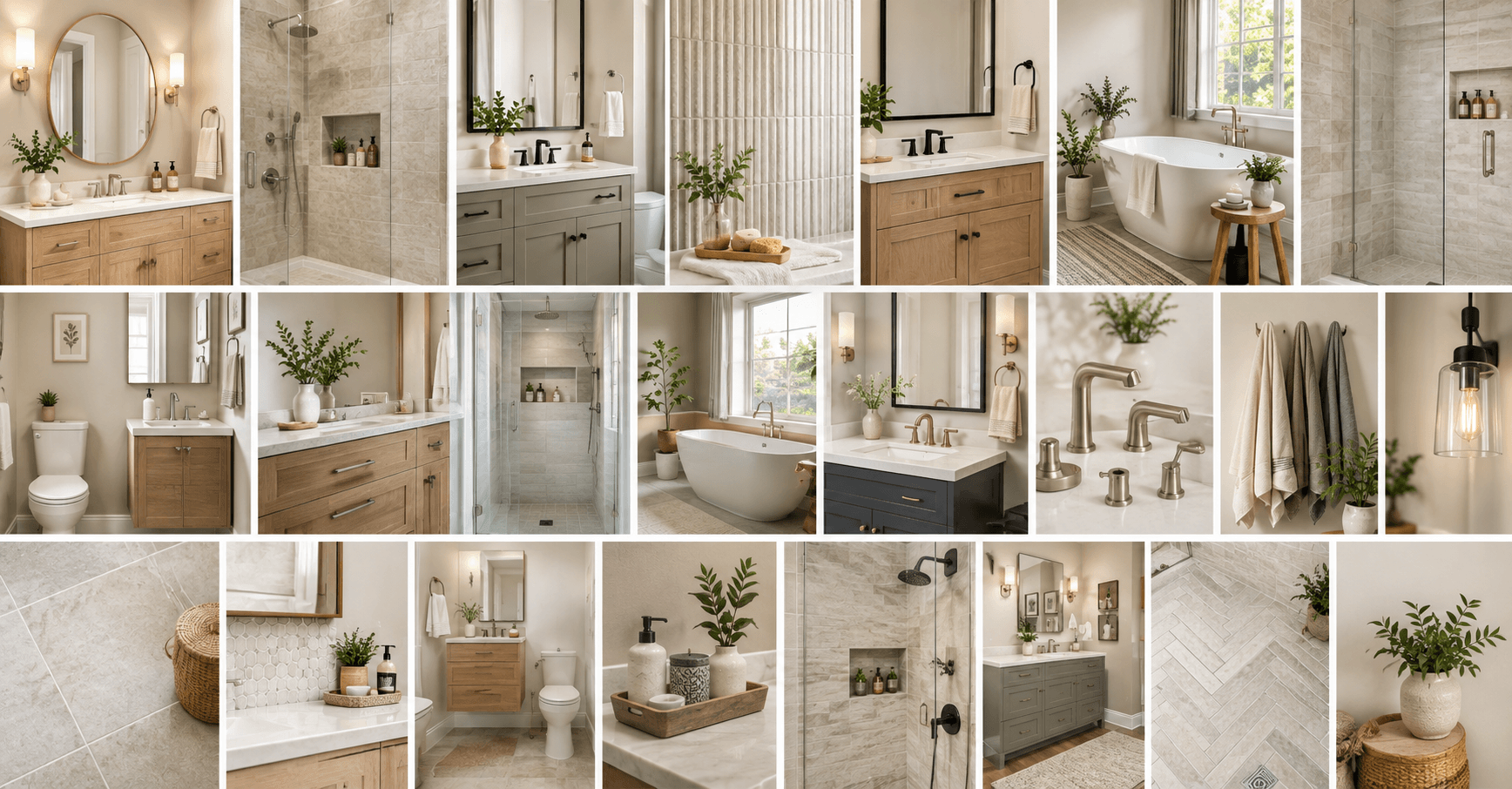 Neutral bathroom ideas featuring beige tile, natural wood, and modern fixtures