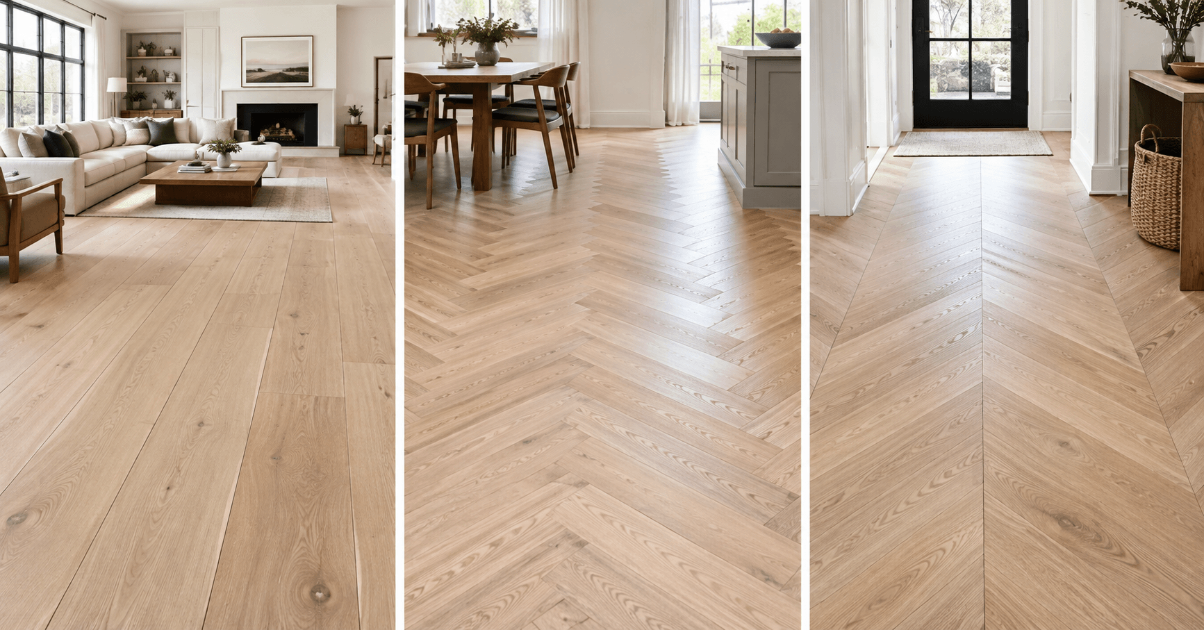 White oak flooring styles featuring wide plank, herringbone, and chevron patterns in modern interiors