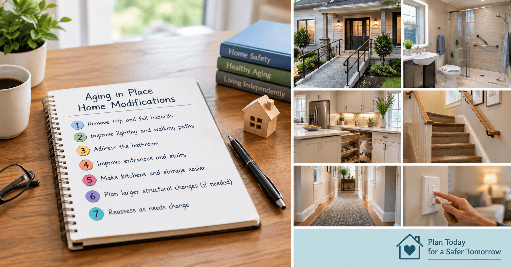 How to Prioritize Aging in Place Home Modifications Aging in place home modifications planned by priority, including fall prevention, lighting, bathroom safety, accessible entrances, stairs, kitchen improvements, and future home needs.