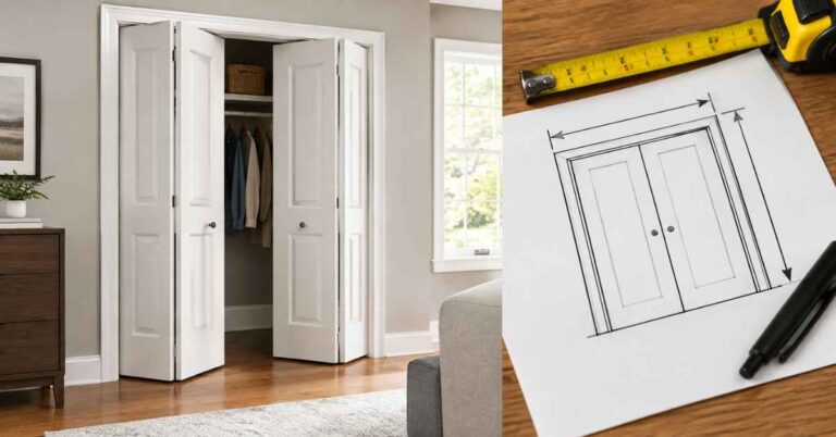 Rough Opening Bifold Door Size Chart showing a white bifold door and measuring tools