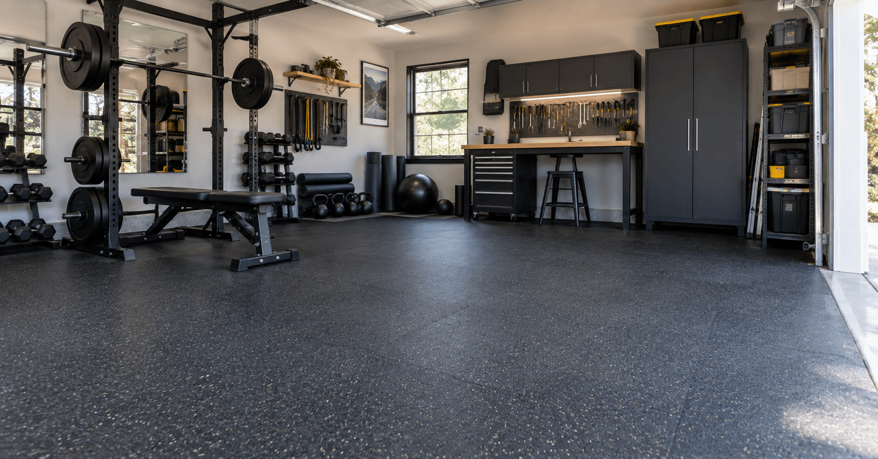 Black rubber flooring in a modern garage gym and workshop with exercise equipment, workbench, and organized storage