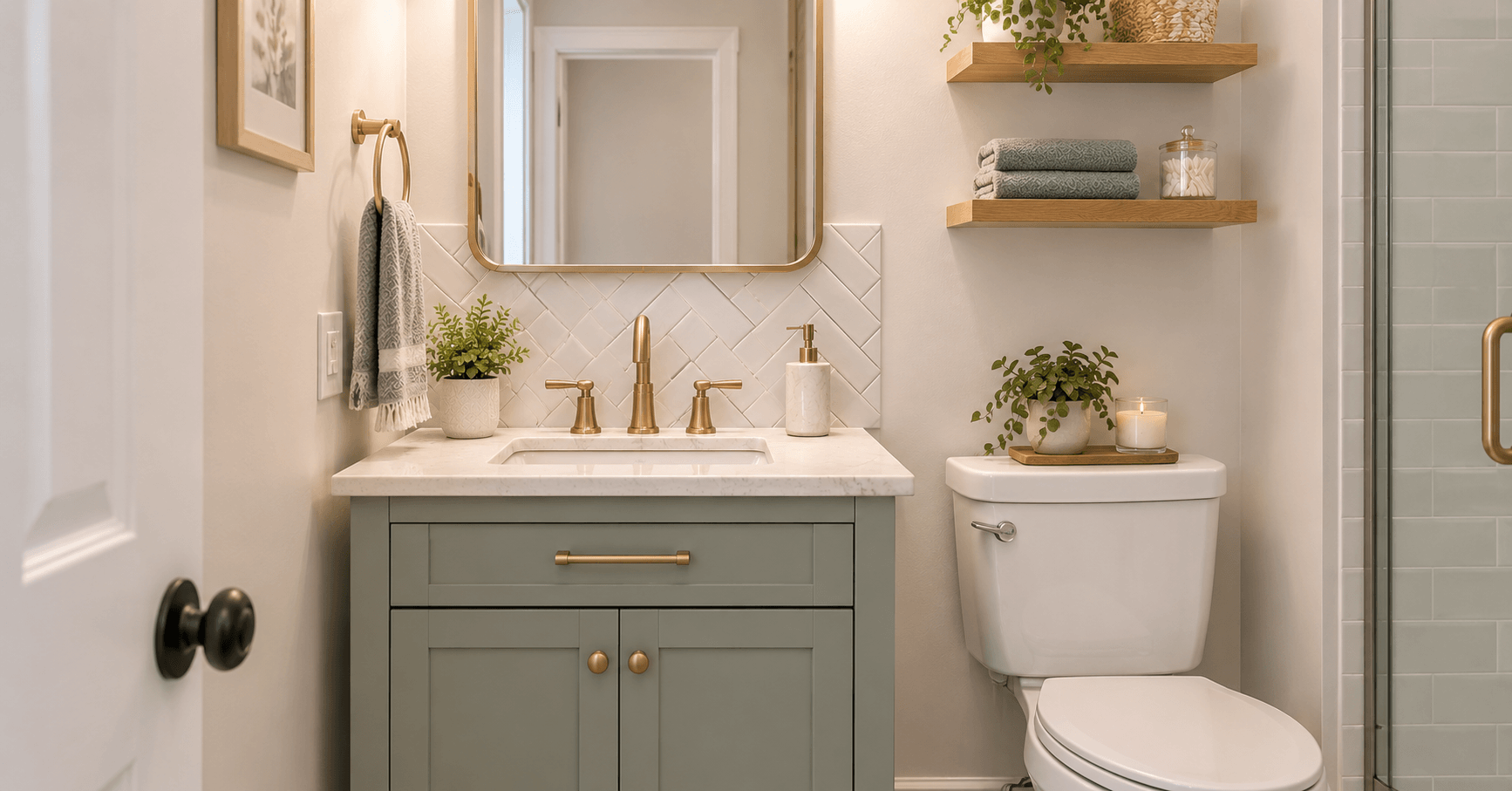 Small bathroom vanity with light tile backsplash
