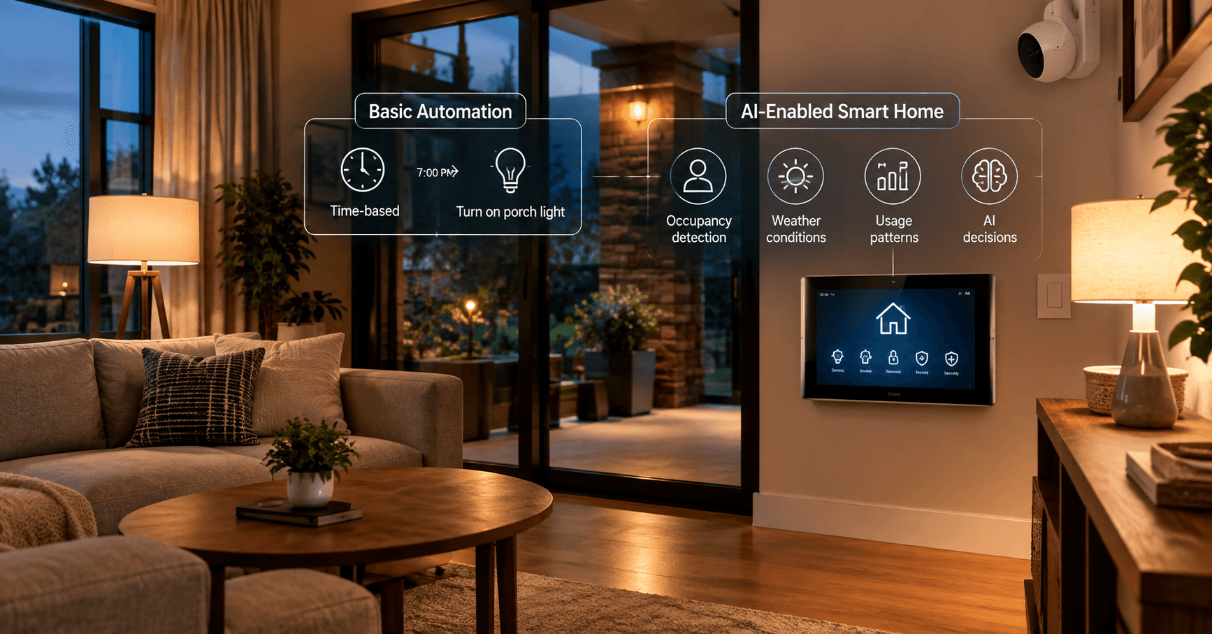 Modern living room featuring smart home automation technology, a connected control panel, and adaptive lighting.