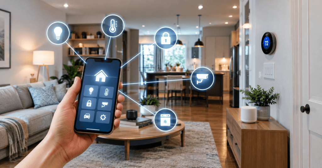 Smart home automation system controlling lighting thermostat and security