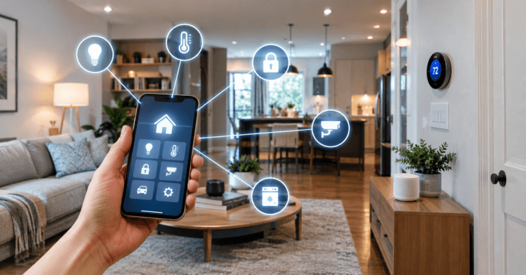Smart home automation system controlling lighting thermostat and security