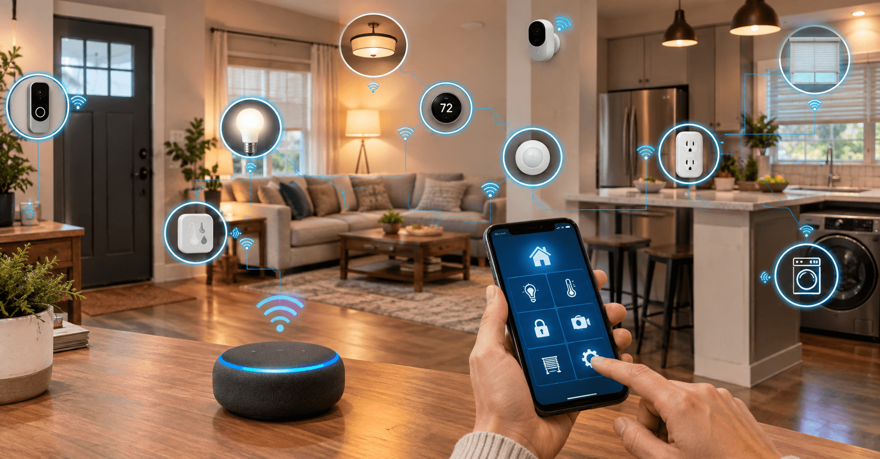Smart home automation system controlling connected devices, sensors, lights, thermostat, and security