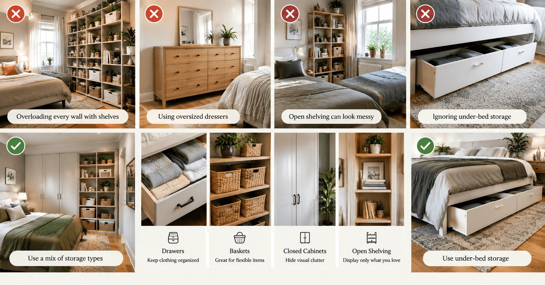 Small bedroom storage mistakes and smart solutions with shelves, drawers, baskets, cabinets, and under-bed storage