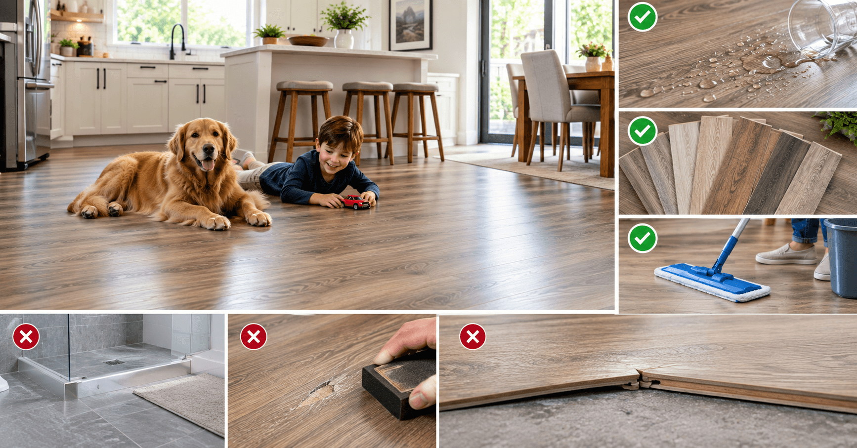 Waterproof laminate flooring in a modern kitchen showing moisture resistance, style options, easy maintenance, and installation limitations