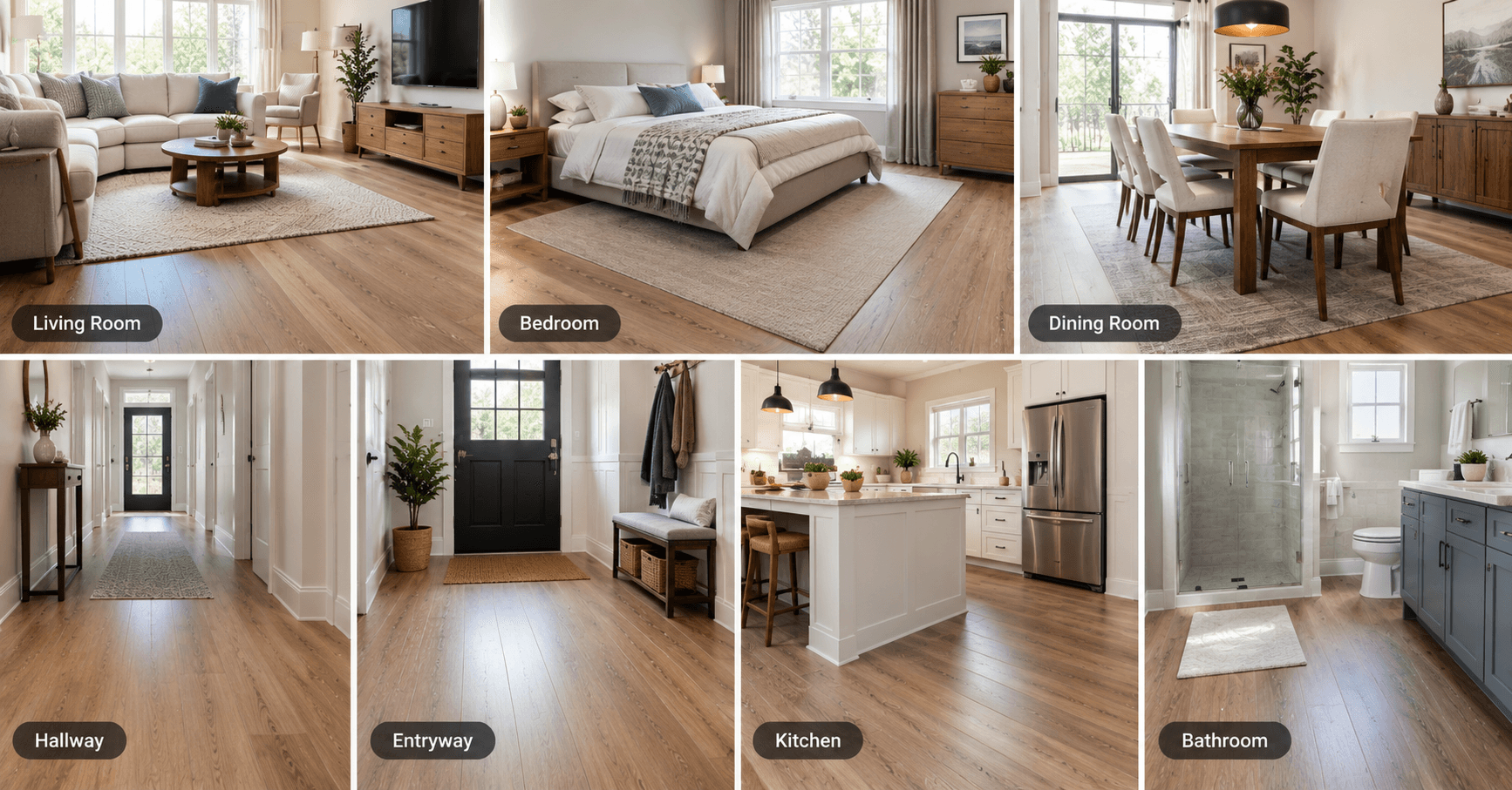 Waterproof laminate flooring installed in living room, bedroom, kitchen, hallway, entryway, dining room, and bathroom