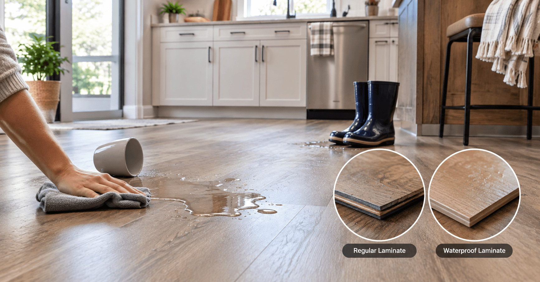 Waterproof laminate flooring compared with regular laminate after a kitchen water spill