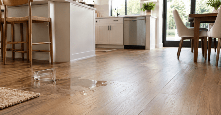 Waterproof laminate flooring in a modern kitchen with a water spill