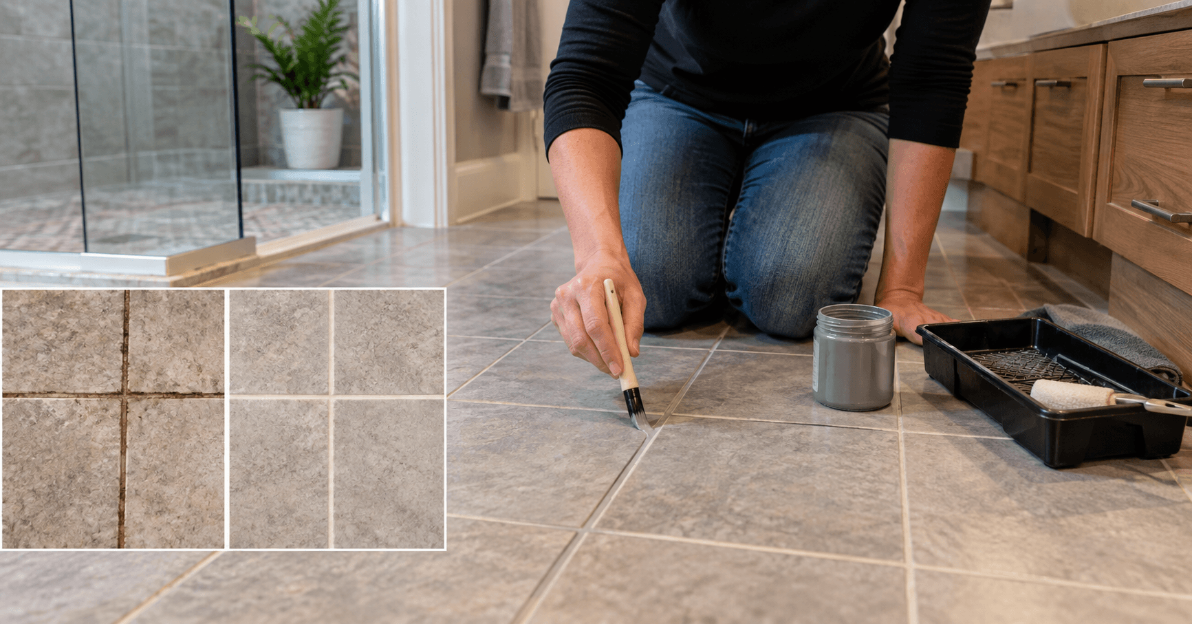 When Should You Color Seal Grout Woman color sealing grout on tiled bathroom floor