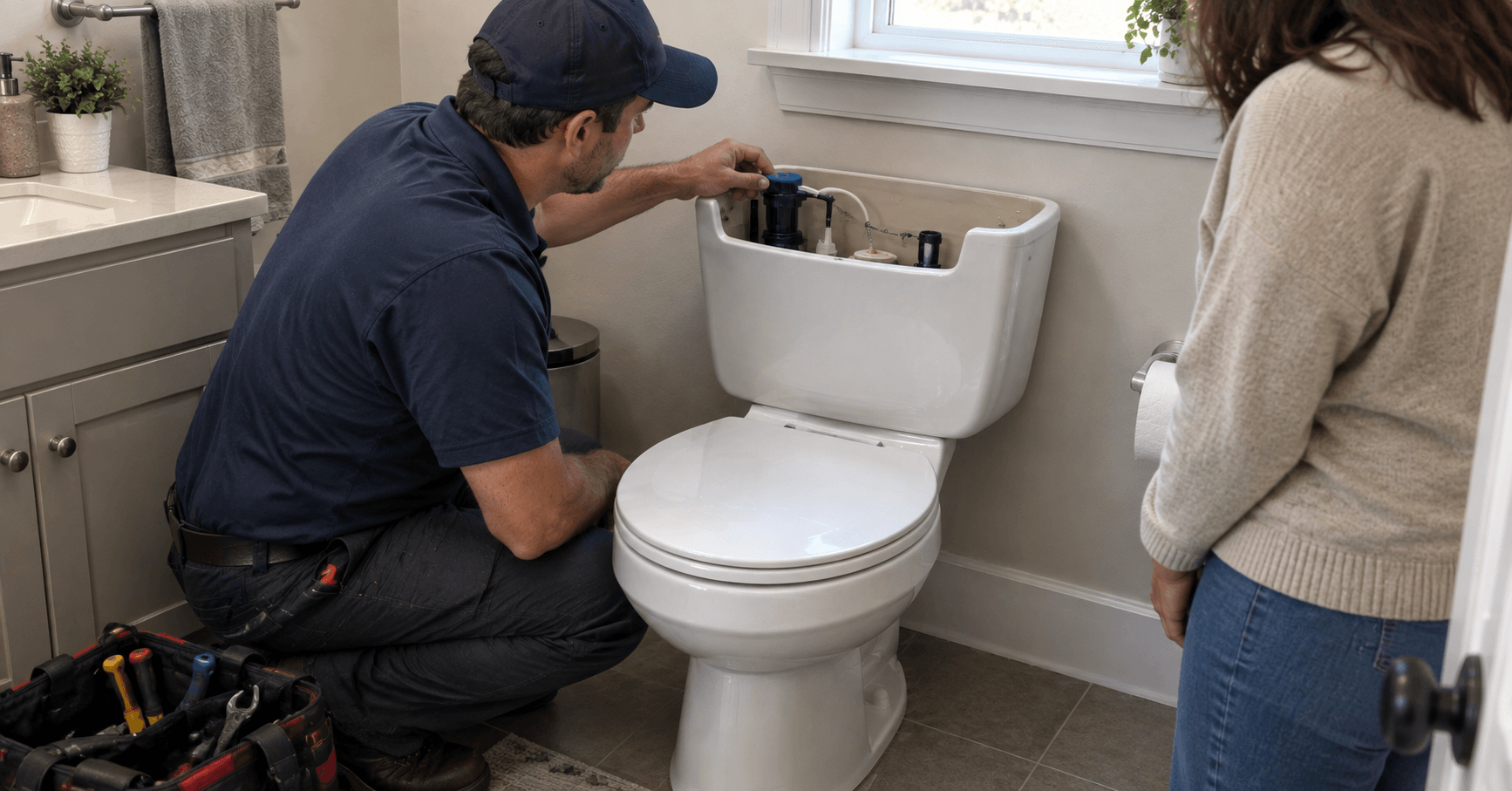 Plumber inspecting a running toilet with the tank open