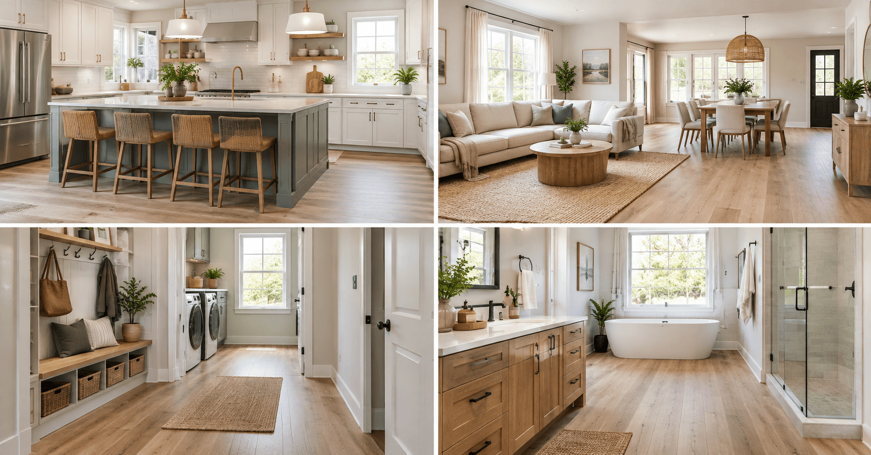 LVP flooring in a modern kitchen, living room, mudroom, and bathroom