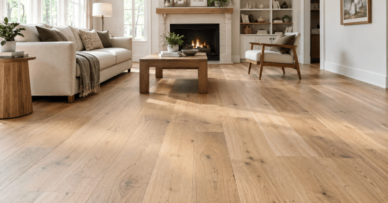 White oak flooring in a bright modern living room with natural wood grain and wide planks